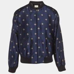 Pre Owned Gucci Blue Bee Jacquard Zip-Up Jacket L