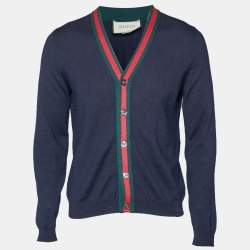 Pre Owned Gucci Navy Blue Web Trim Wool Knit Cardigan S