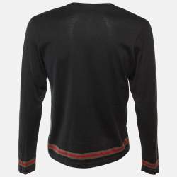 Pre Owned تي شيرت غوتشي قطن أسود بخطوط ويب ياقة على شكل V أكمام طويلة مقاس كبير (لارج)