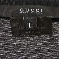 Pre Owned تي شيرت غوتشي قطن أسود بخطوط ويب ياقة على شكل V أكمام طويلة مقاس كبير (لارج)