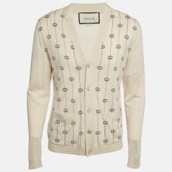 Pre Owned Gucci Beige GG Intarsia Wool Cardigan M