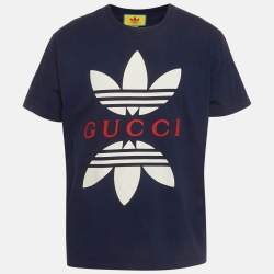 Pre Owned Gucci x Adidas Navy Blue Logo printed Cotton Knit T-shirt L