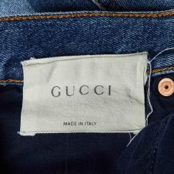 Pre Owned Gucci Blue Washed Denim NY Yankees Patch Slim Fit Jeans M/L Waist 32"