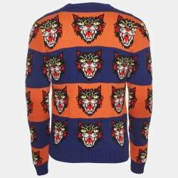 Pre Owned Gucci Multicolor Stripe Intarsia Knit Angry Cat Sweater XS