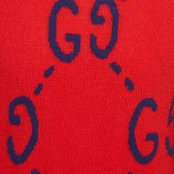 Pre Owned Gucci Red/Blue GG Monogram Knit Long Sleeve Jumper XS