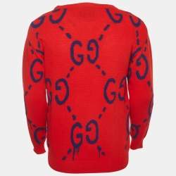 Pre Owned Gucci Red/Blue GG Monogram Knit Long Sleeve Jumper XS