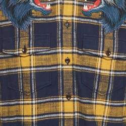 Pre Owned Gucci Blue/ Yellow Wolf Embroidery Plaid Wool Flannel Shirt XS