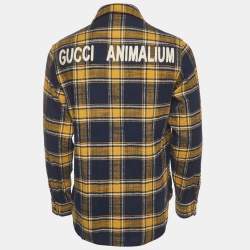 Pre Owned Gucci Blue/ Yellow Wolf Embroidery Plaid Wool Flannel Shirt XS
