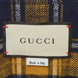 Pre Owned Gucci Blue/ Yellow Wolf Embroidery Plaid Wool Flannel Shirt XS