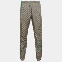 Pre Owned Gucci Grey Synthetic GG Supreme Web Stripe Print Sweat Pants L 