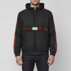 Pre Owned Gucci Black Cotton Web Stripe Drawstring Windbreaker Hoodie XL 