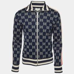 Pre Owned Gucci Navy Blue Monogram Jacquard Knit Track Jacket M
