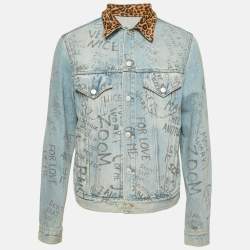 Pre Owned Gucci Blue Scribble Writing Leopard-Collared Denim Jacket L