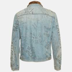 Pre Owned Gucci Blue Scribble Writing Leopard-Collared Denim Jacket L
