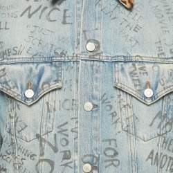 Pre Owned Gucci Blue Scribble Writing Leopard-Collared Denim Jacket L