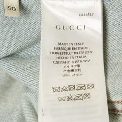 Pre Owned Gucci Blue Scribble Writing Leopard-Collared Denim Jacket L