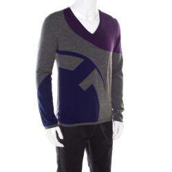 Gucci Melange Grey Patterned Wool V Neck Sweater L