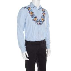 Gucci Blue and White Striped Floral Printed Long Sleeve Skinny Shirt L
