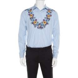 Gucci Blue and White Striped Floral Printed Long Sleeve Skinny Shirt L