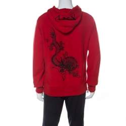 Gucci Red Cotton Jersey Dragon Embroidered Hoodie L