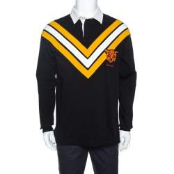 Gucci Black Chevron & Leopard Appliqued Cotton Polo T-Shirt M
