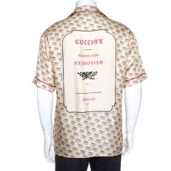 Pre Owned Gucci Beige Invite Stamp Print Silk Satin Bowling Shirt XL