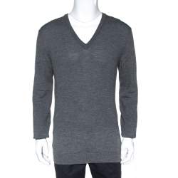 Gucci Grey Wool Shoulder Striped Detail V Neck Sweater XL