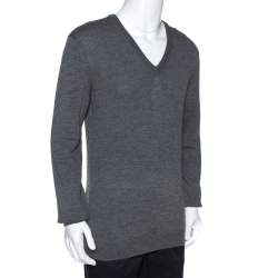 Gucci Grey Wool Shoulder Striped Detail V Neck Sweater XL