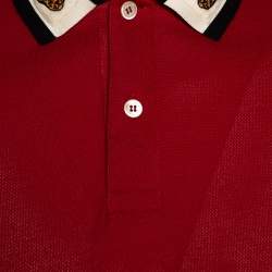 مملوكة مسبقًا Gucci Red Cotton Pique Web & Feline Head Detail Polo T Shirt M