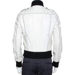 مملوكة مسبقًا Gucci White Leather Rib Knit Trim Bomber Jacket M