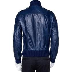 Gucci Midnight Blue Leather Rib Knit Trim Madonna Bomber Jacket S