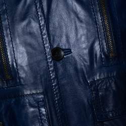 Gucci Midnight Blue Leather Rib Knit Trim Madonna Bomber Jacket S