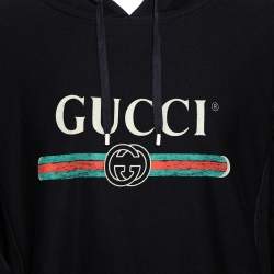 Pre Owned Gucci Black Vintage Logo Print Cotton Hooded Sweatshirt M