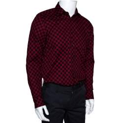 Gucci Red & Black Checkered Cotton Long Sleeve Slim Fit Shirt M 