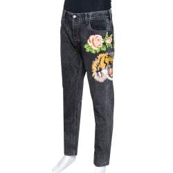Pre Owned Gucci Charcoal Grey Denim Tiger & Floral Applique Tapered Jeans XL