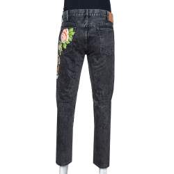 Pre Owned Gucci Charcoal Grey Denim Tiger & Floral Applique Tapered Jeans XL