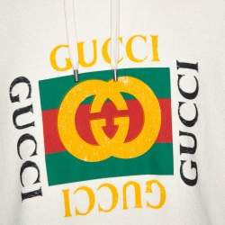 مملوكة مسبقًا Gucci Cream Vintage Logo Print Cotton Distressed Hoodie M