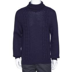 Gucci Navy Blue Cashmere Wool Logo Embroidered Roll Neck Sweater M