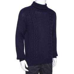 Gucci Navy Blue Cashmere Wool Logo Embroidered Roll Neck Sweater M