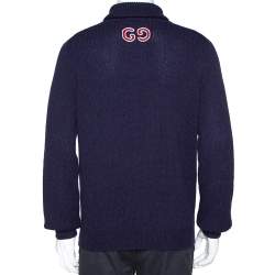 Gucci Navy Blue Cashmere Wool Logo Embroidered Roll Neck Sweater M