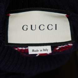 Gucci Navy Blue Cashmere Wool Logo Embroidered Roll Neck Sweater M