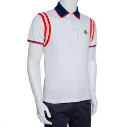 Pre Owned Gucci White Stretch Cotton Bee Appliqued Polo T-Shirt M