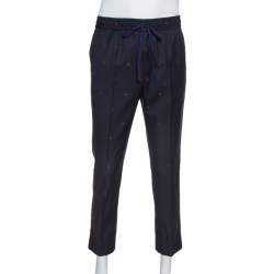 Pre Owned Gucci Navy Wool Gabardine Bees Embroidered Trousers S