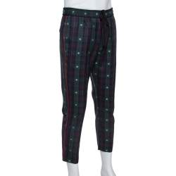 Gucci Green Tartan Check Wool Bee Motif Cropped Trousers S