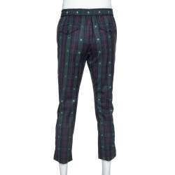 Gucci Green Tartan Check Wool Bee Motif Cropped Trousers S