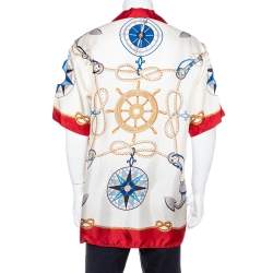 مملوكة مسبقًا قميص غوتشي بولينغ واسع حرير مطبوع نوتيكال كريمي مقاس وسط (ميديوم)