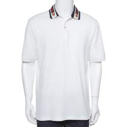 Gucci White Cotton Web Collar Polo Shirt