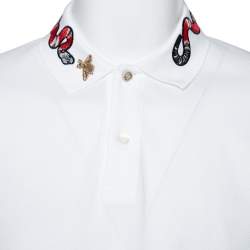 Gucci White Cotton Pique Snake Embroidered Collar Polo T-Shirt XXXL