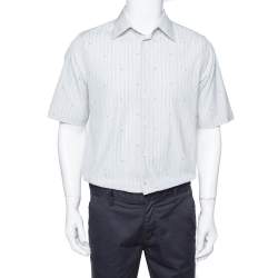 Gucci Pale Green Striped Cotton G Detail Short Sleeve Shirt M