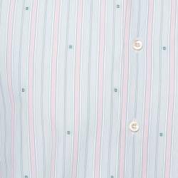 Gucci Pale Green Striped Cotton G Detail Short Sleeve Shirt M